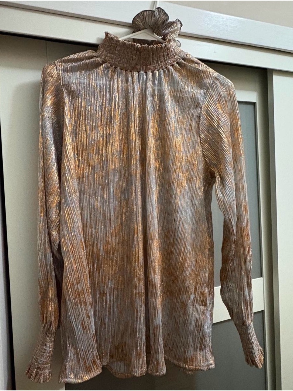 Metallic Pleated High-Neck Long-Sleeve Blouse in Rust and Cream